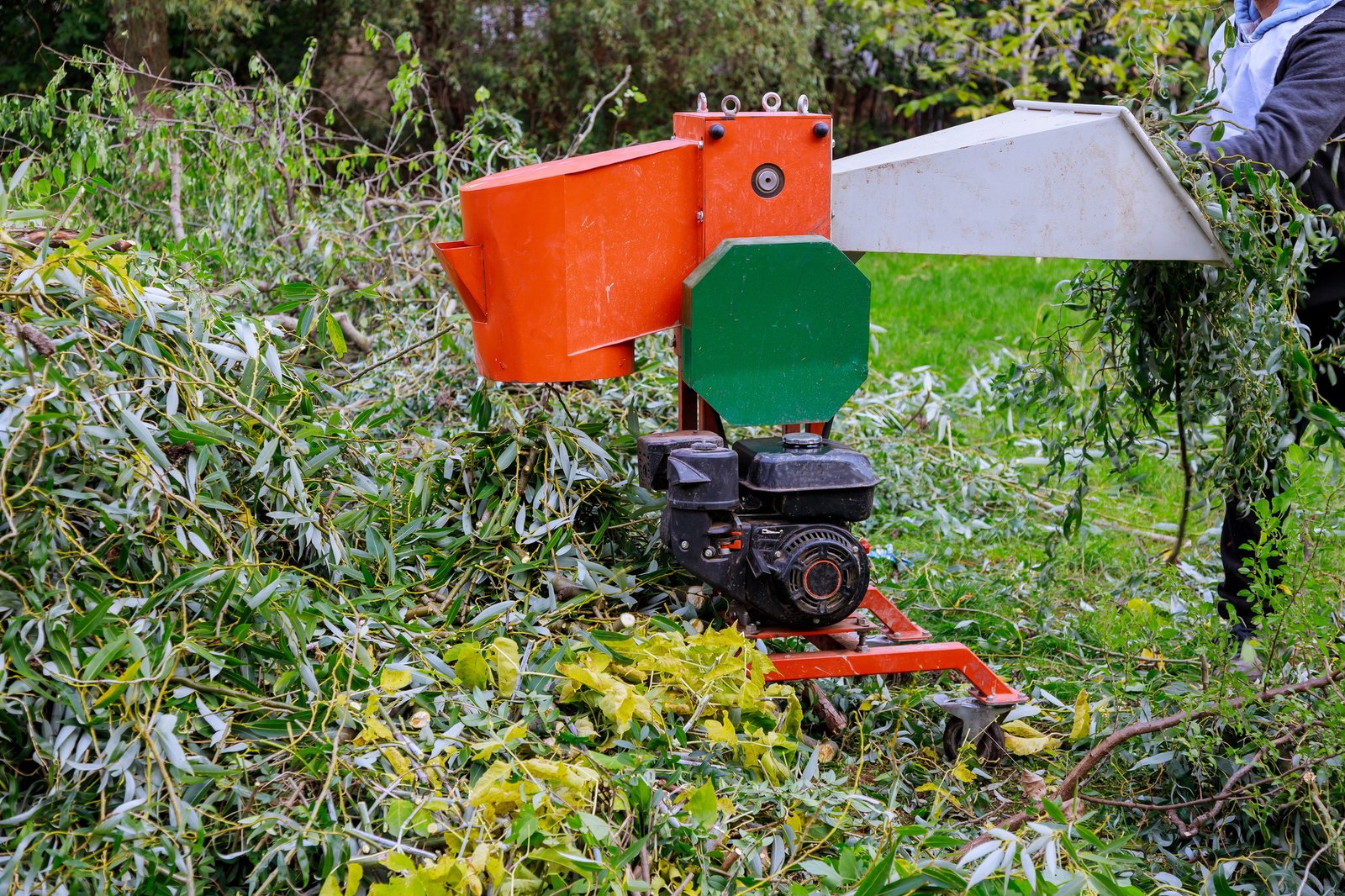 Wood chipper loaded cut green tree branches in urban neighborhood.